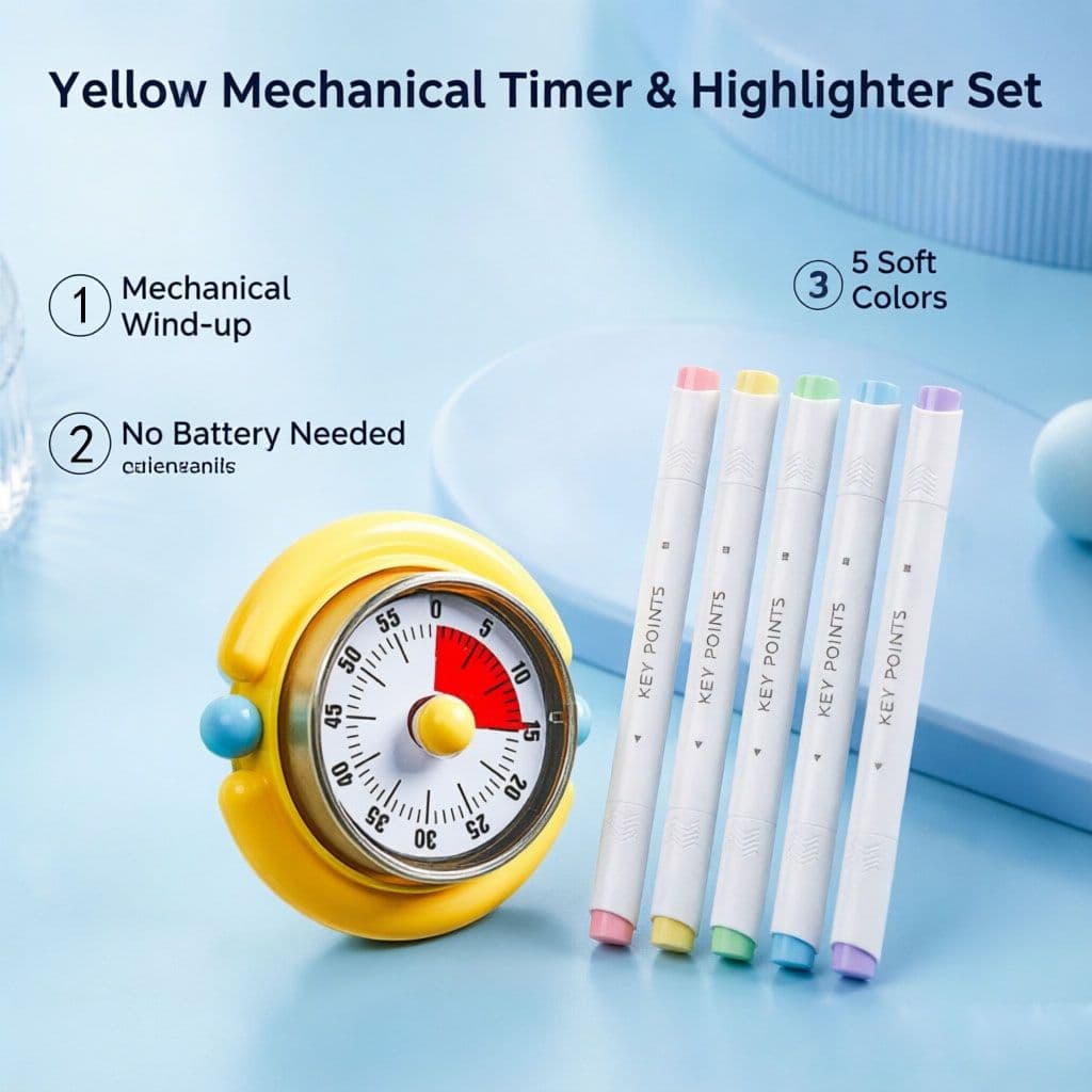 Macaron Pastel Dual-Tip Highlighter & Magnetic Mechanical Timer (Yellow) Set