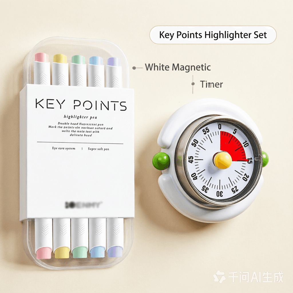 Macaron Pastel Dual-Tip Highlighter & Magnetic Mechanical Timer (White) Set