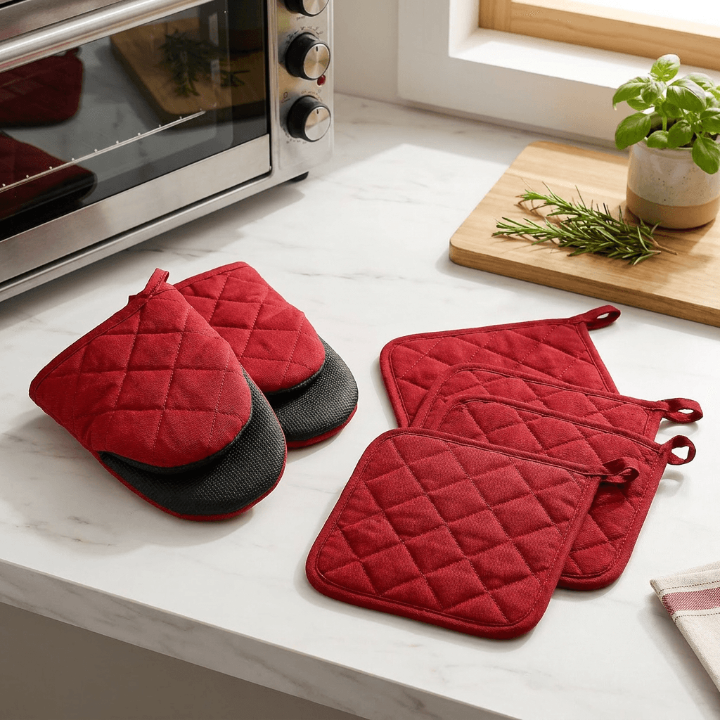 Red Heat-Resistant Oven Mitts Set 1-Pair and 4 Pot Holders Quilted - Red 1