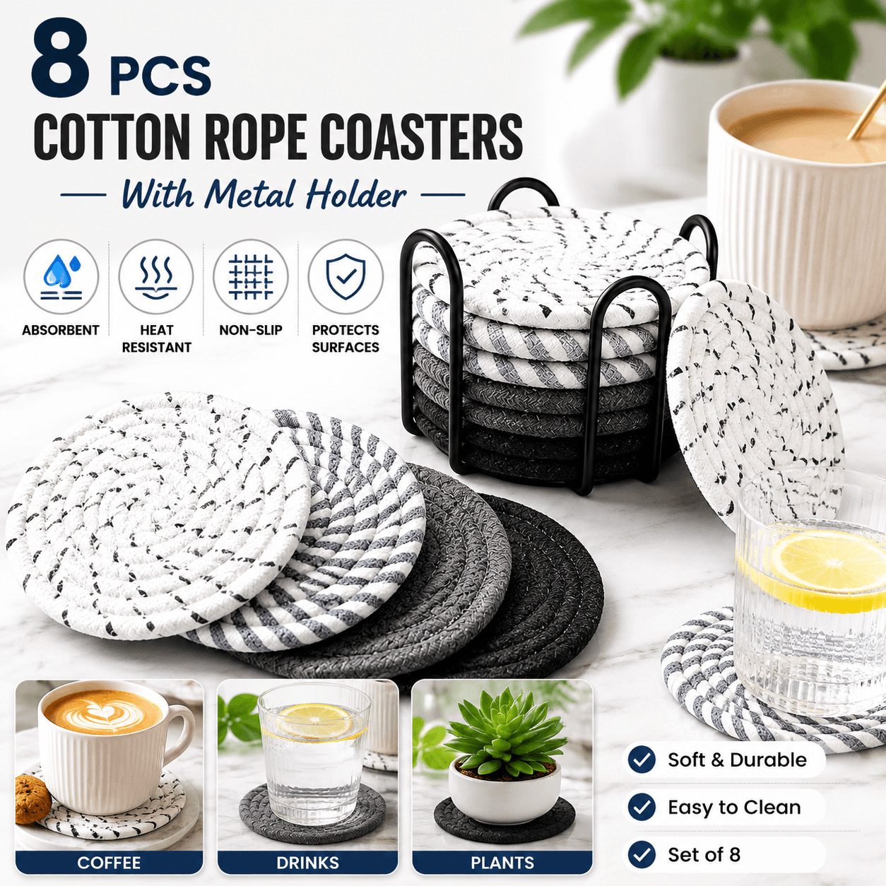 Black 8 Piece Handmade Braided Cotton Coasters Set - Black Braided Drink