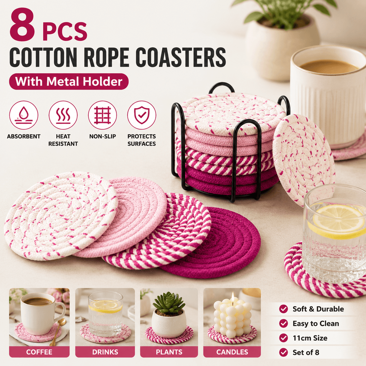 Pink series 8 Piece Handmade Braided Cotton - Pink Series Braided Drink