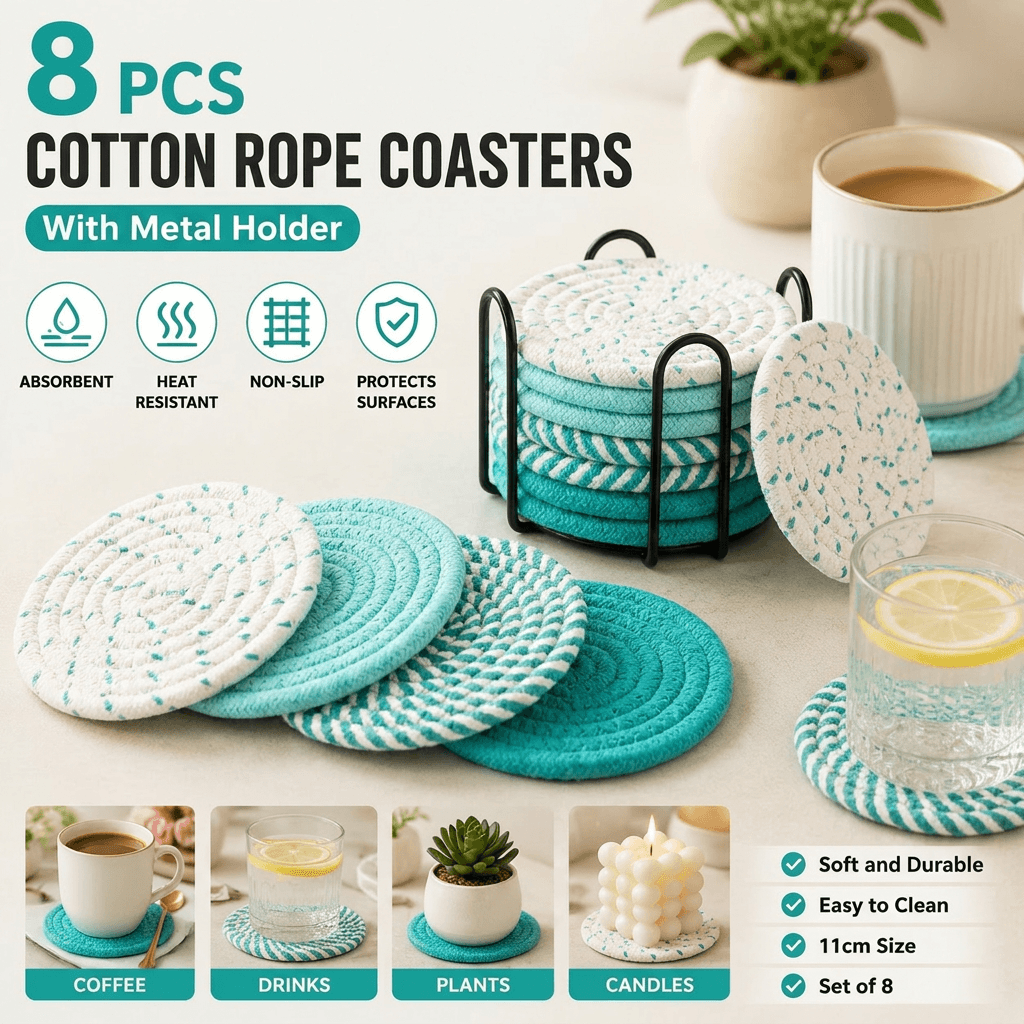 Green series 8 Piece Handmade Braided Cotton Coasters Set with Holder 4.3
