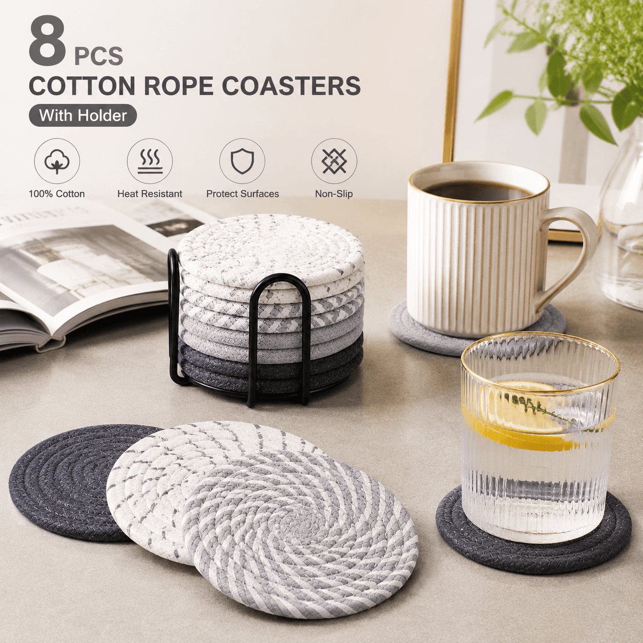 Gray tones 8 Piece Handmade Braided Cotton Coasters Set with Holder 4.3 Inch