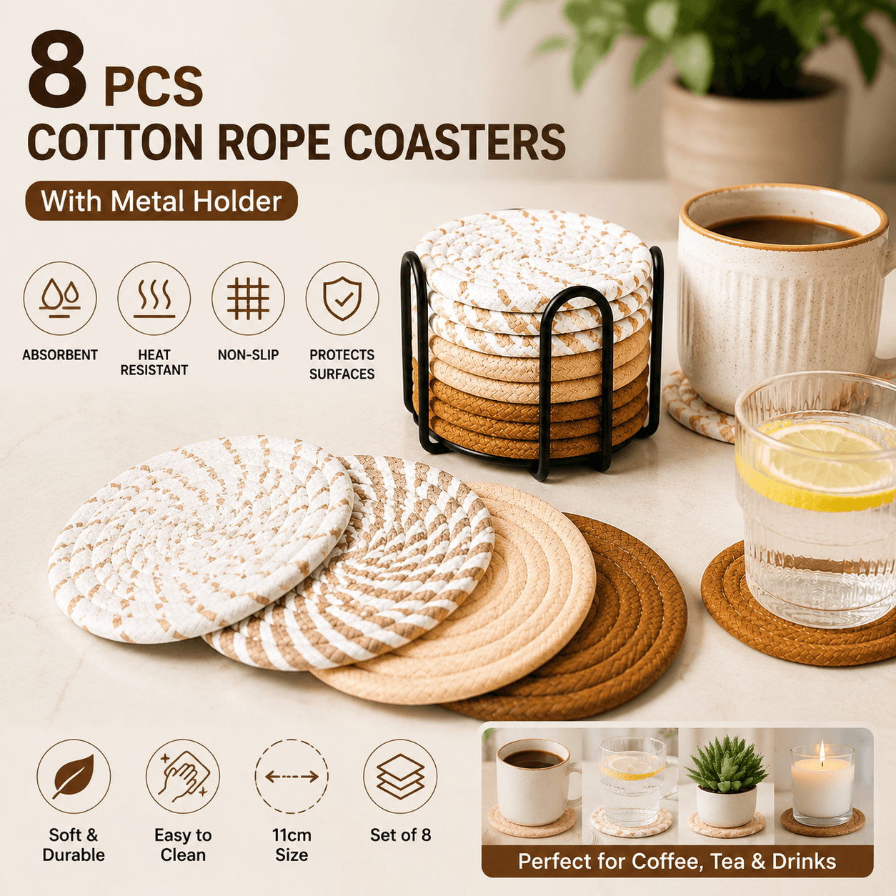 Brown series 8 Piece Handmade Braided Cotton Coasters Set with Holder 4.3