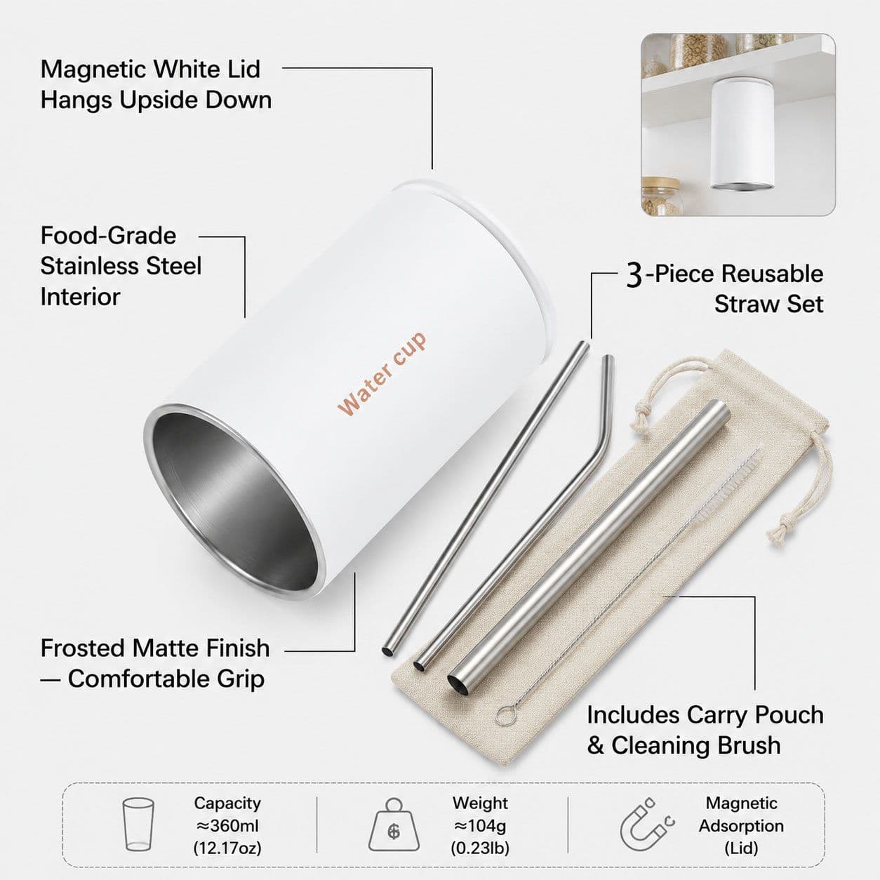 White 304 Stainless Steel Magnetic Hanging Water Bottle Set, 12.17 oz