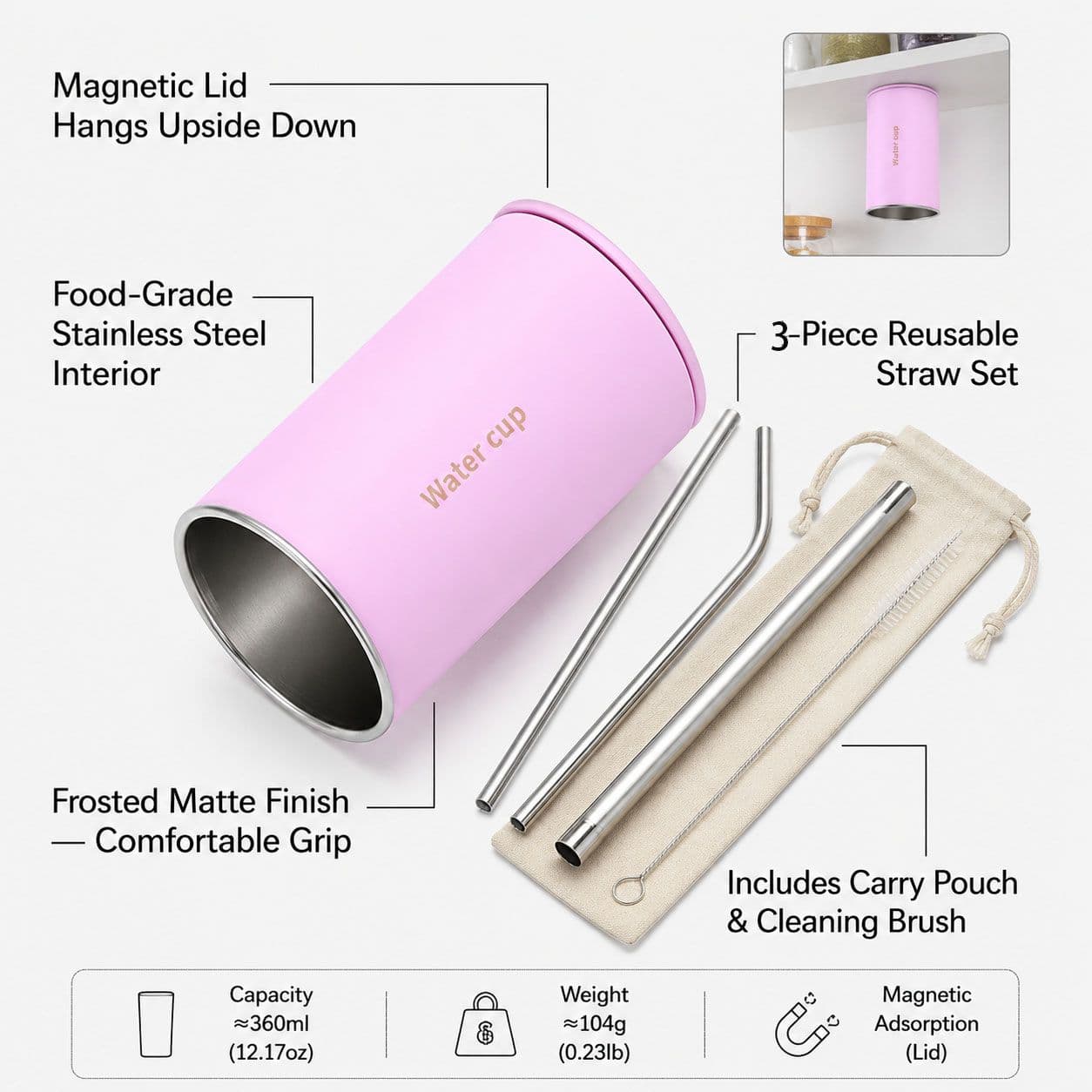 Pink 304 Stainless Steel Magnetic Hanging Water Bottle Set, 12.17 oz