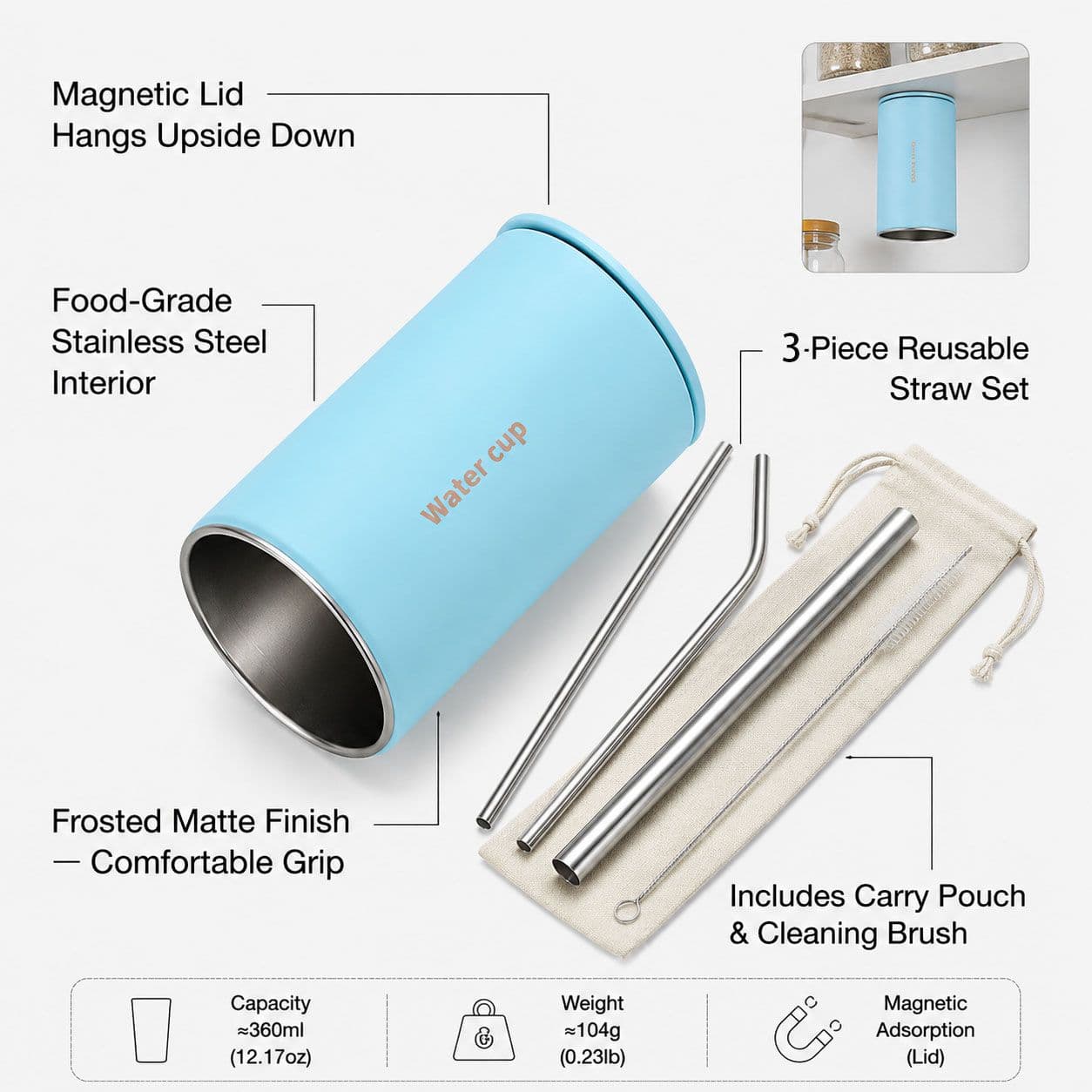 Blue 304 Stainless Steel Magnetic Hanging Water Bottle Set, 12.17 oz