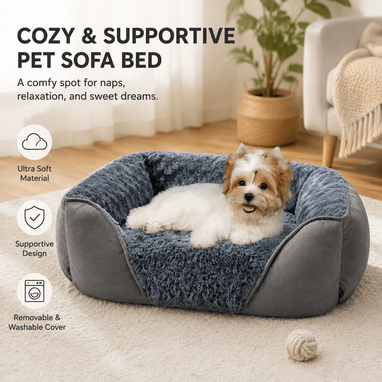 Grey Small & Medium Pet Bed - Washable Rectangle Dog Bed - 60×45×14 cm