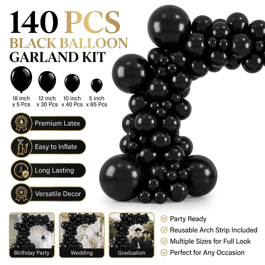 140-Piece Black Balloon Garland Kit Latex Balloon Arch Set for Birthday