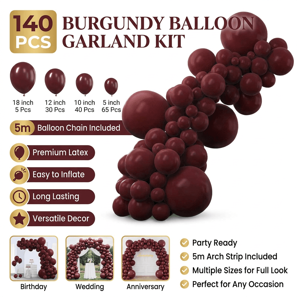 140-Piece Wine red Balloon Garland Kit Latex - Wine Red Kit Decoration
