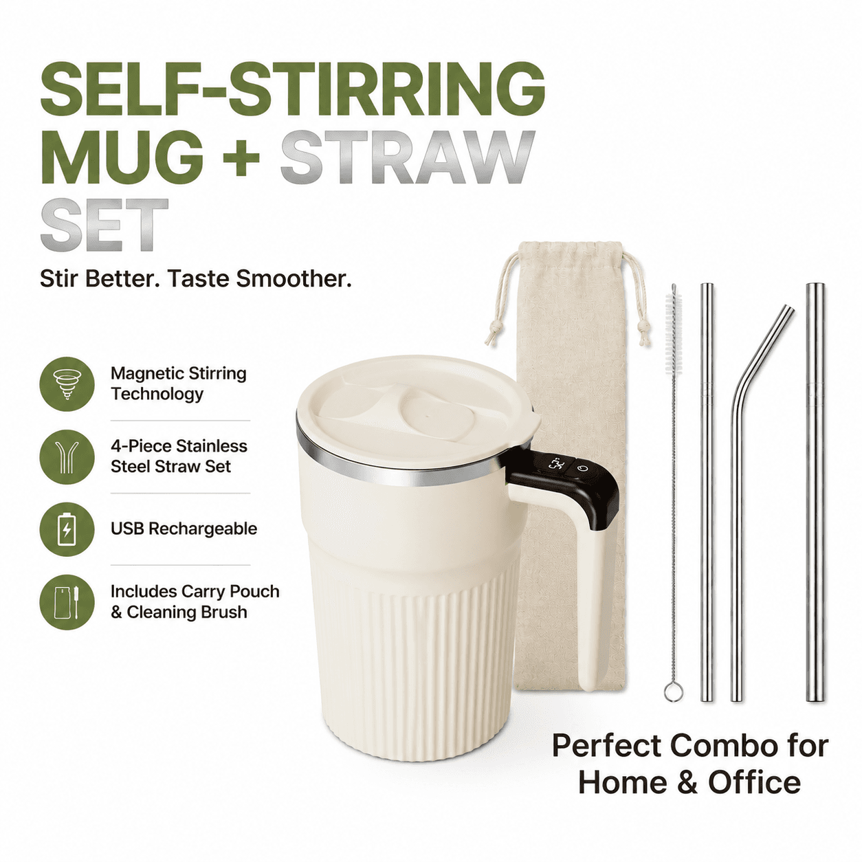 White Self Stirring Coffee Mug Electric Temperature Display Cup 14.4 cm