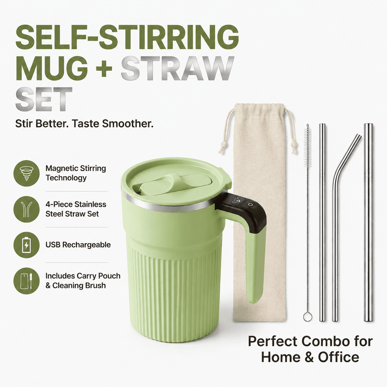 Green Self Stirring Coffee Mug Electric Temperature Display Cup 14.4 cm