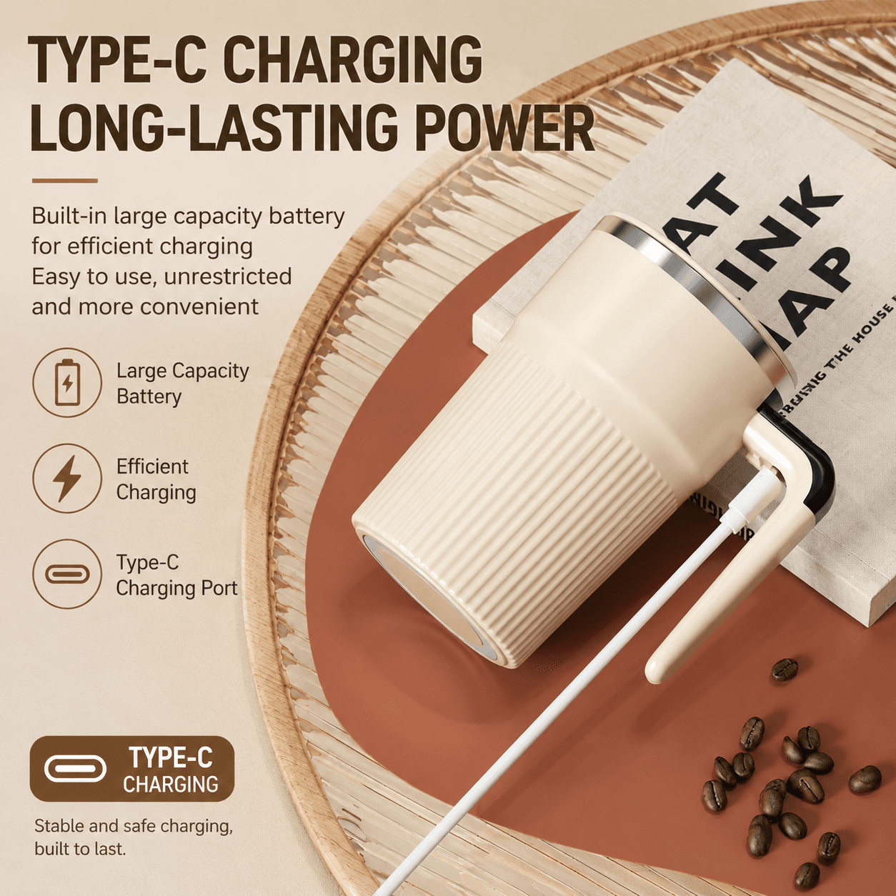 White Electric Self Stirring Mug with Temperature Display Type-C