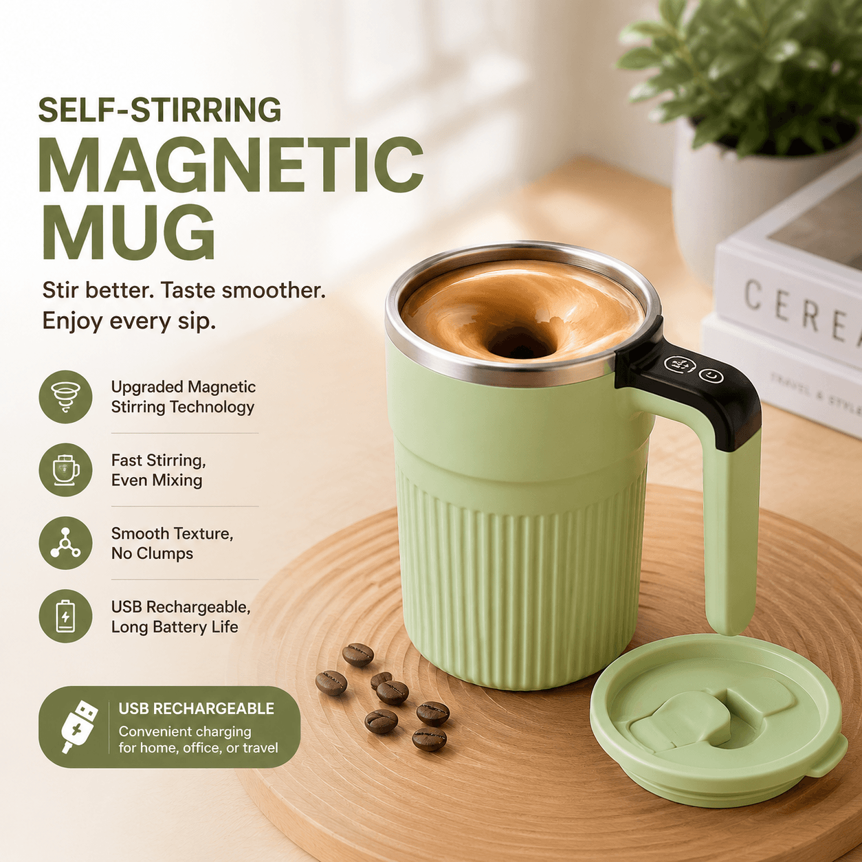 Green Electric Self Stirring Mug with Temperature Display Type-C