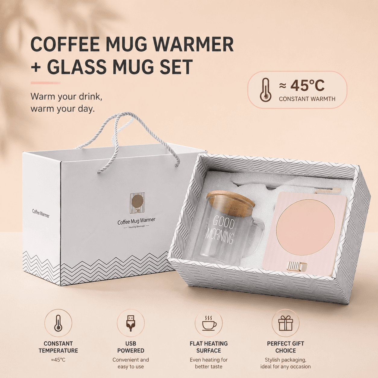 Pink Coffee Mug Warmer Set with Glass Mug and Lid USB Powered 13W Constant