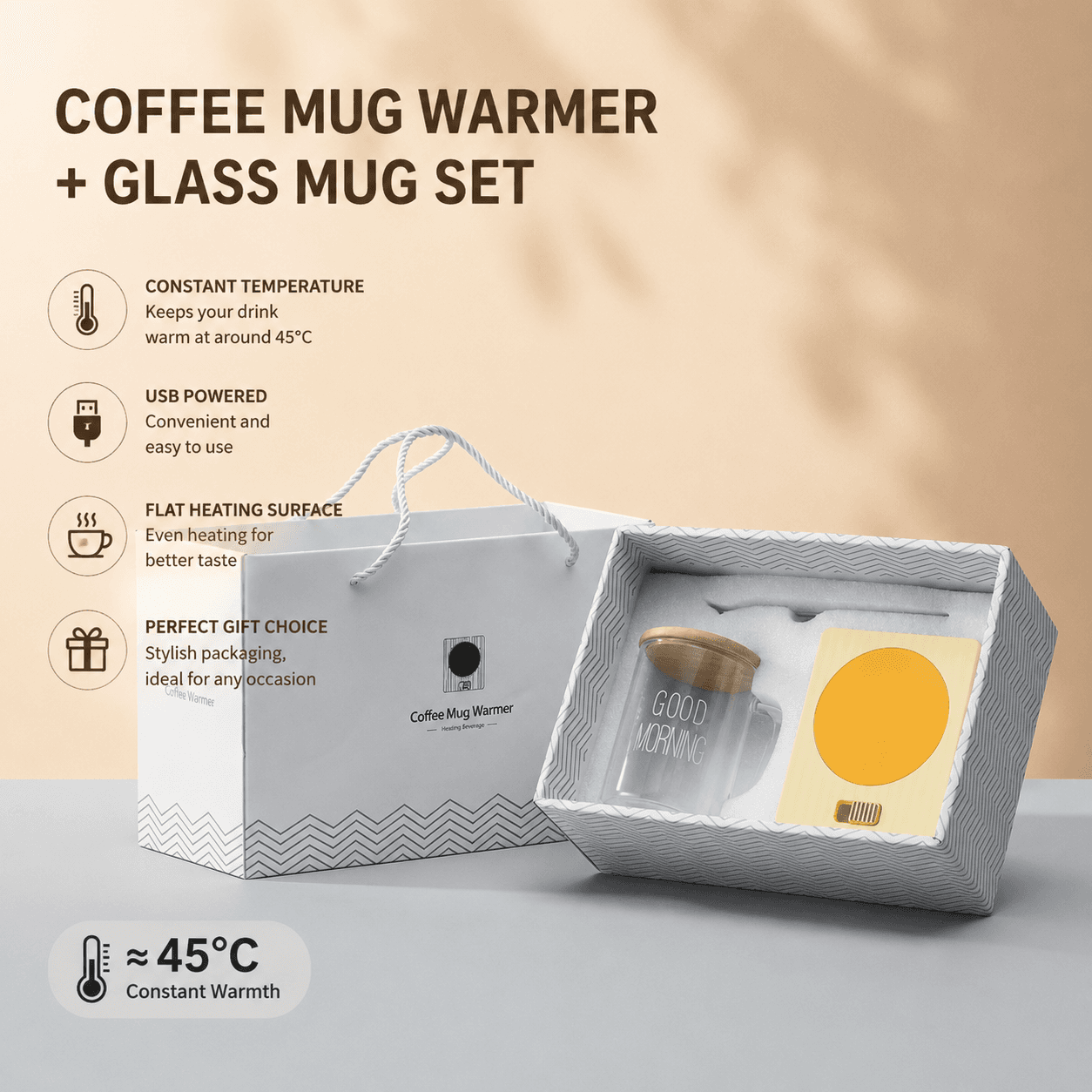 Yellow Coffee Mug Warmer Set with Glass Mug and Lid USB Powered 13W Constant