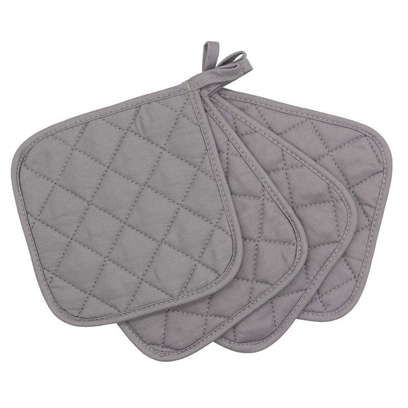 4 Pack Heat-Resistant Pot Holders - Grey Cotton Silver Coated Quilted