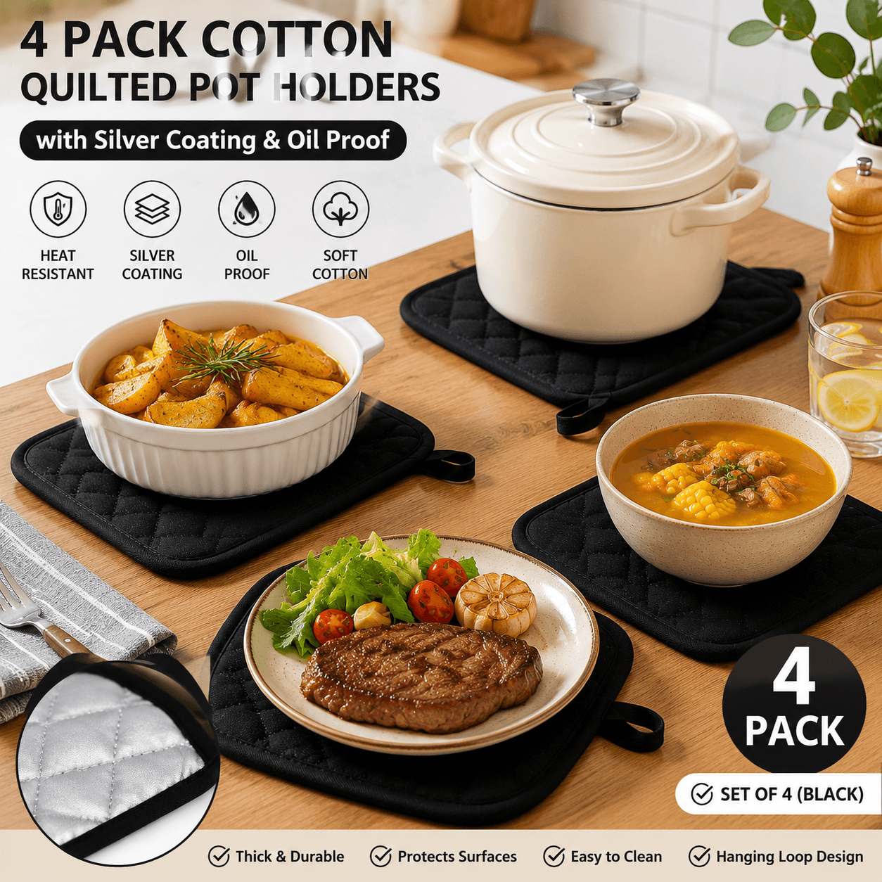 4 Pack Heat-Resistant Pot Holders - Black Cotton Silver Coated Quilted