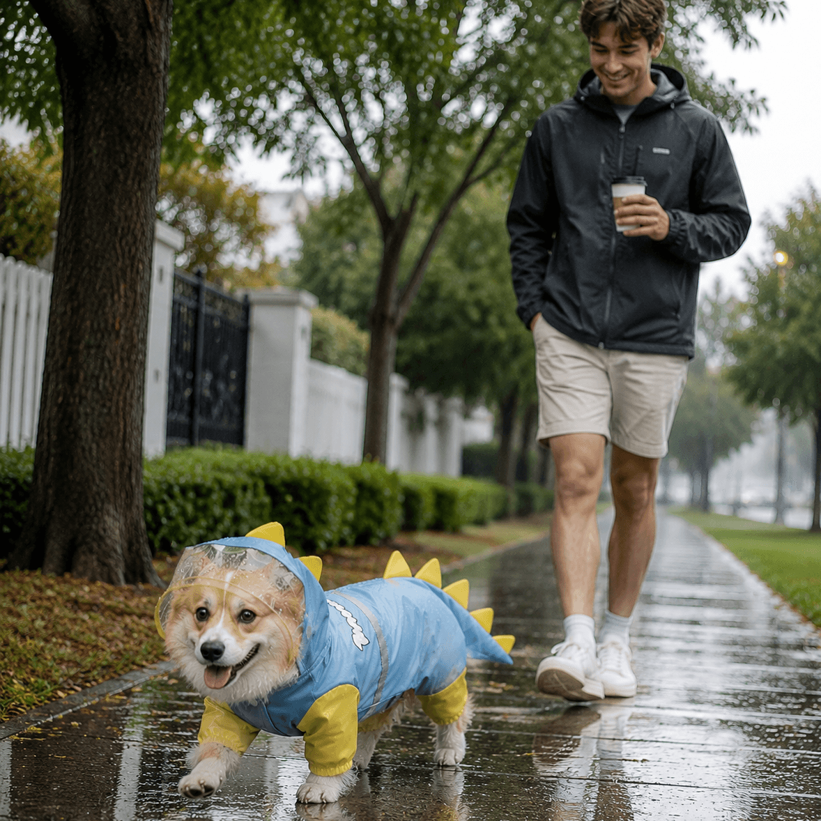 Blue Size L Waterproof Dinosaur Dog Raincoat with Harness Hole Full Body Pet