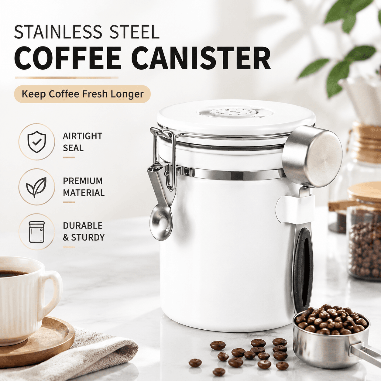 White 304 Stainless Steel Airtight Coffee Canister 1500 ml Vacuum Seal