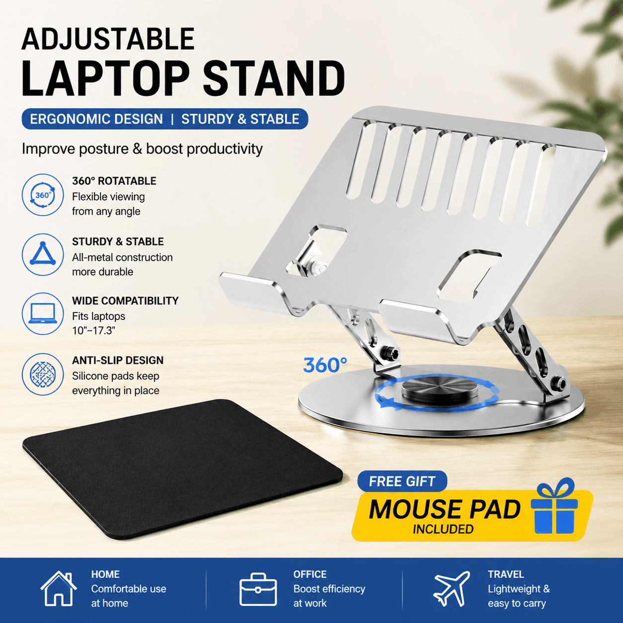 Adjustable aluminum alloy laptop stand (23.5 × 23.5 cm), with mouse pad