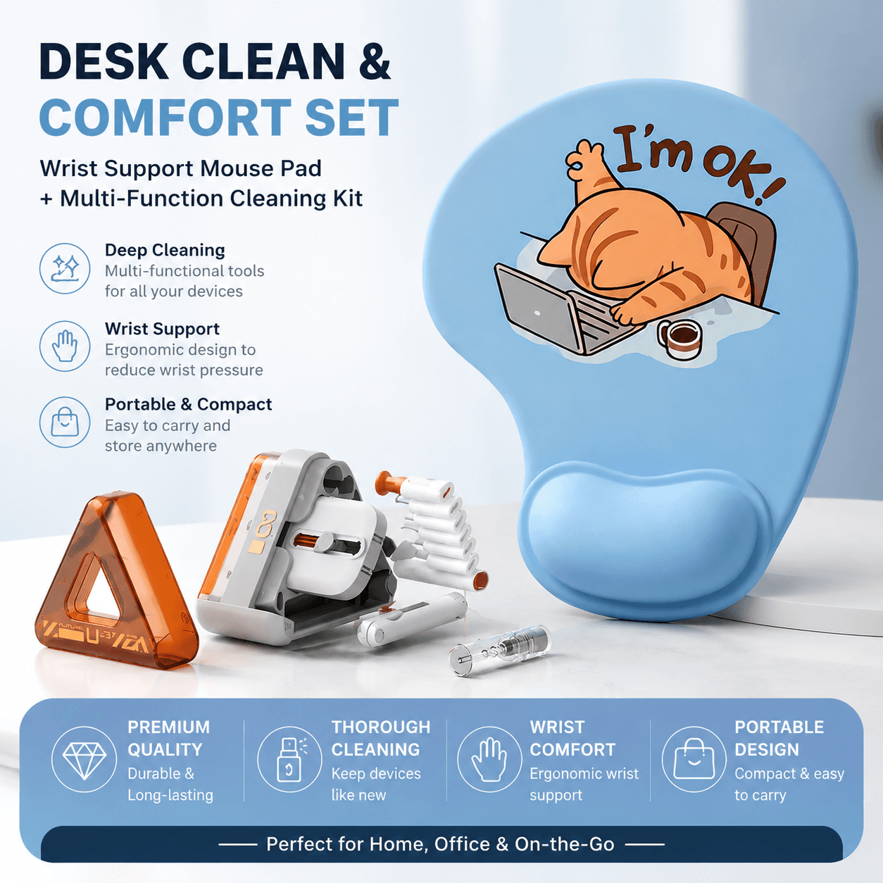 Wrist Support Mouse Pad and (Red) Desk Cleaning Kit Combo - Red With Screen