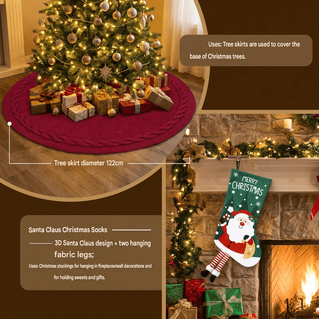 Knitted Christmas Tree Skirt & Santa Stocking Combo Set Festive Holiday Home