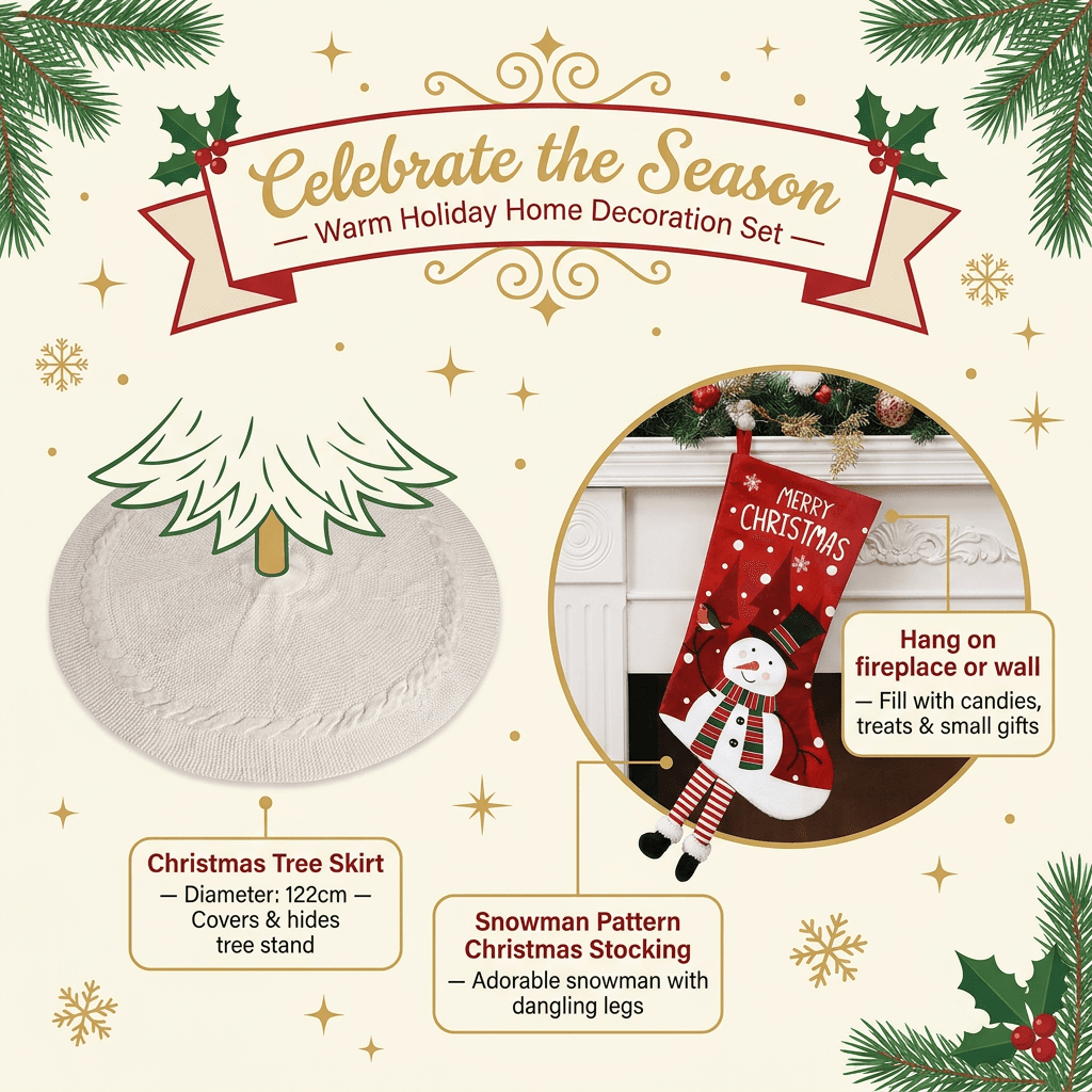 White Christmas tree skirt and snowman pattern stocking set - 122 cm