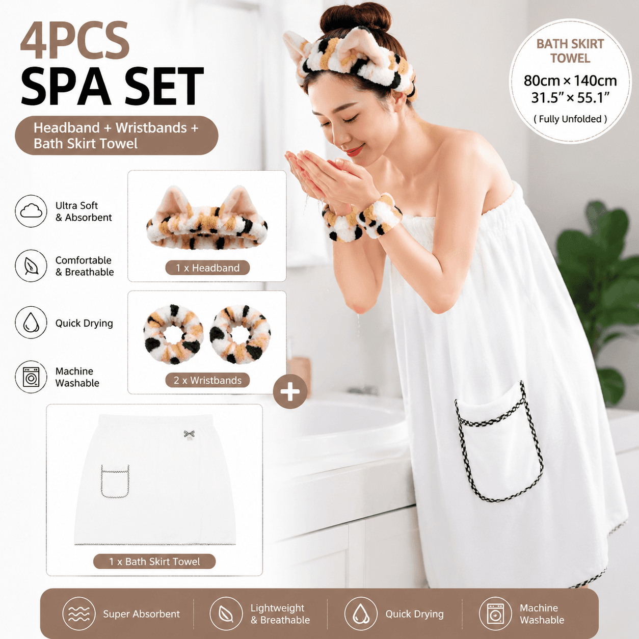4-Piece Spa Set Bath Wrap White bath towel Black - White Black yellow