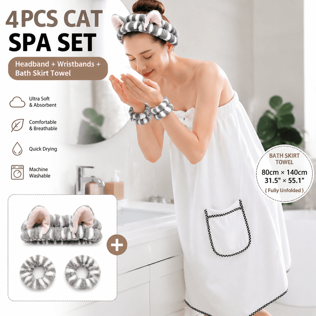 4-Piece Spa Set Bath Wrap White bath towel Gray and white - White Gray white