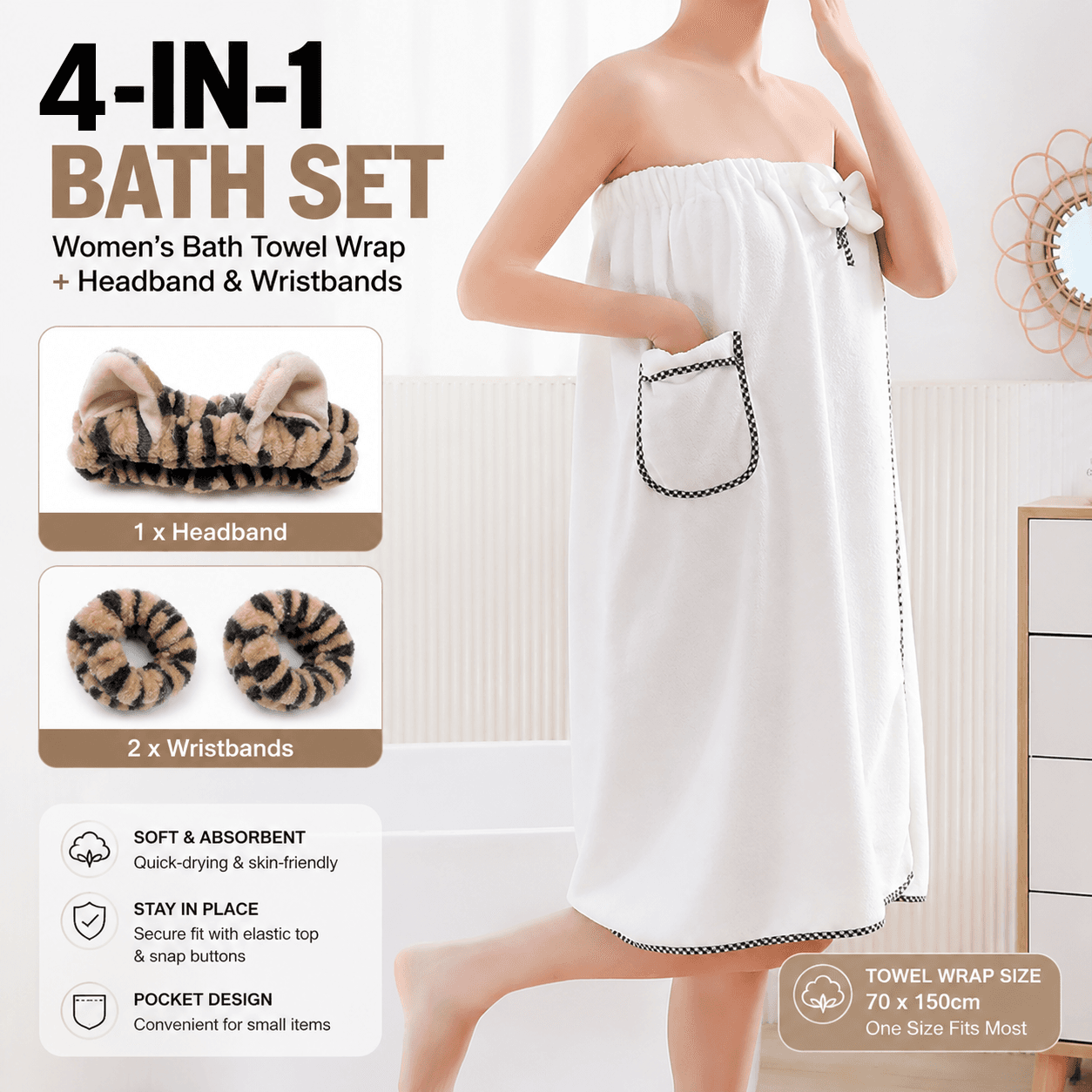 4-Piece Spa Set Bath Wrap White bath towel Black - White Black brown
