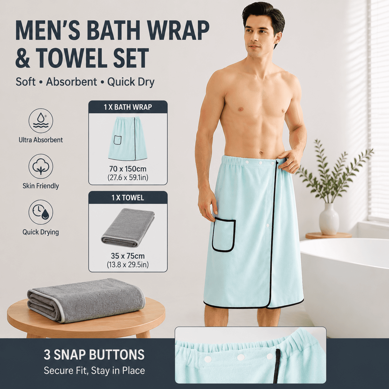 Light blue men's bath towel and gray towel set, made of coral fleece