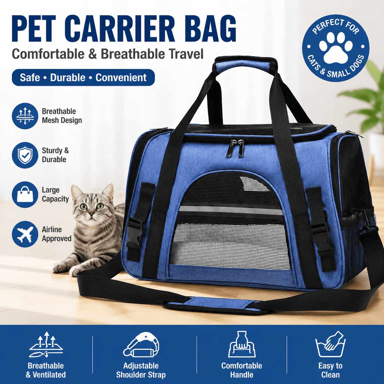 Blue Pet Carrier Bag - Breathable Meshfor Small Dogs - 44 × 25 × 28 cm
