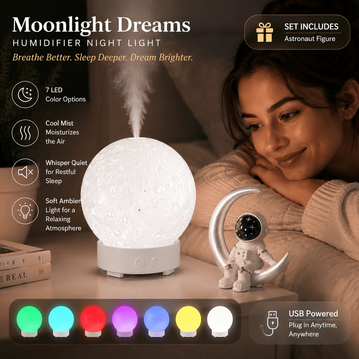 Moonlight Dreams Moon Lamp Humidifier Night Light USB - White base version