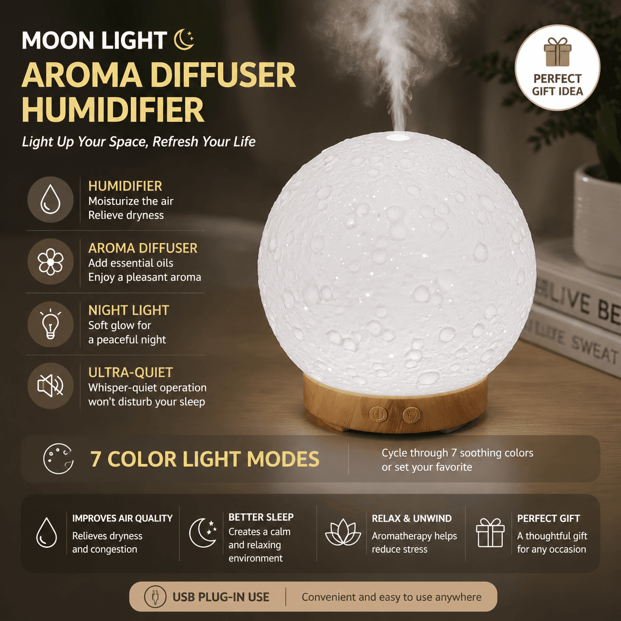 Moon Light Humidifier Aroma Diffuser (Light wood grain base) with LED Night