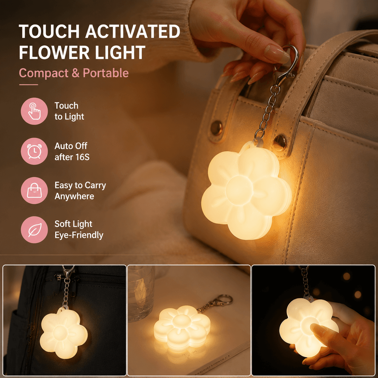 White Touch Activated Flower Keychain Light, Portable LED Night Light
