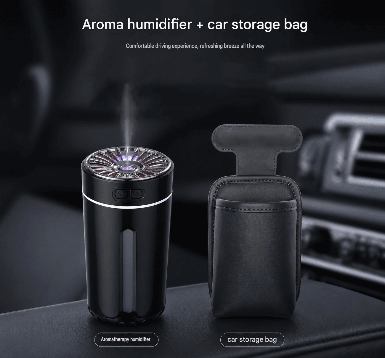 Black Car Aroma Diffuser Humidifier with Storage Box, USB Powered Car Air