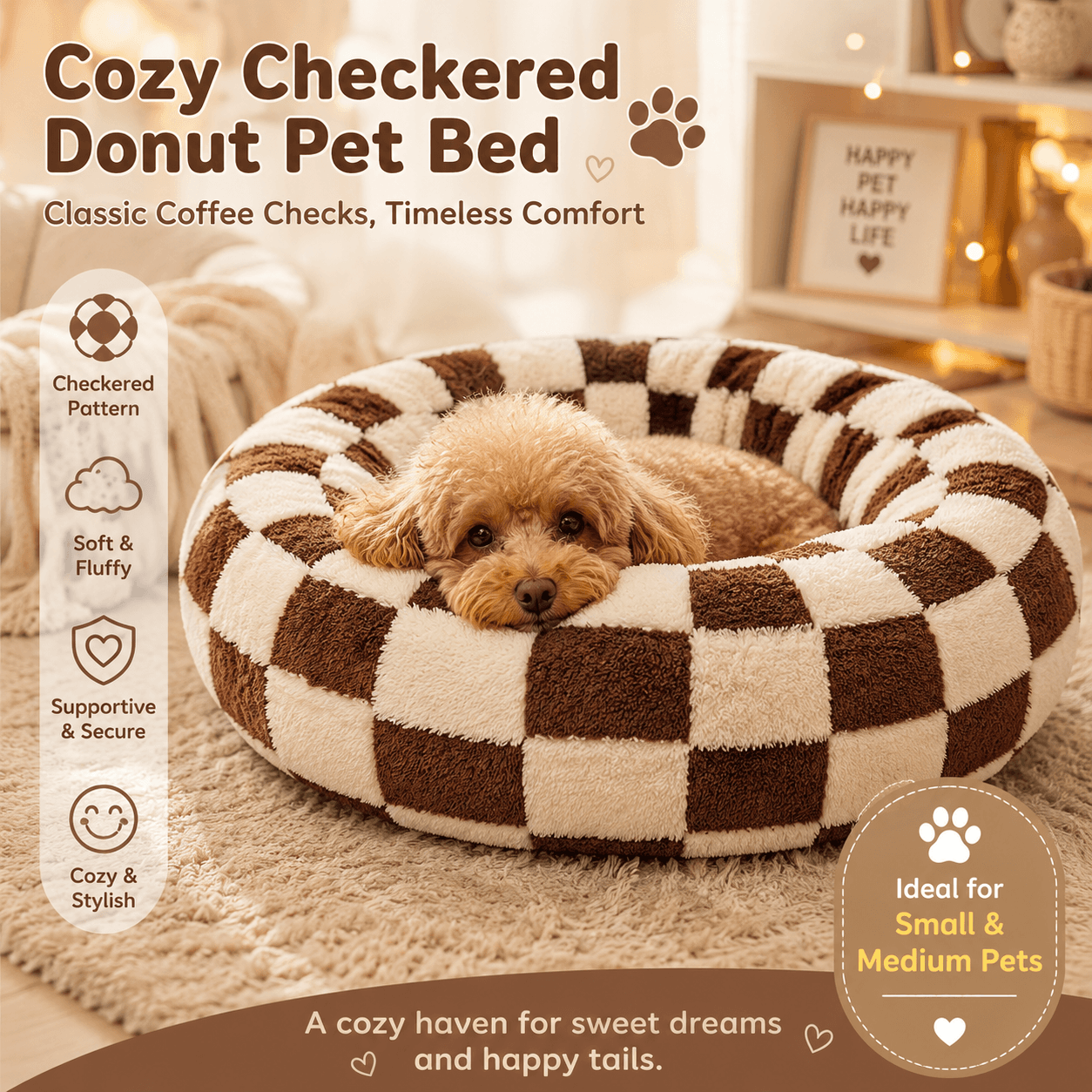 Small Medium Pet Donut Bed (Coffee plaid) -50 cm outer diameter, Soft Plush