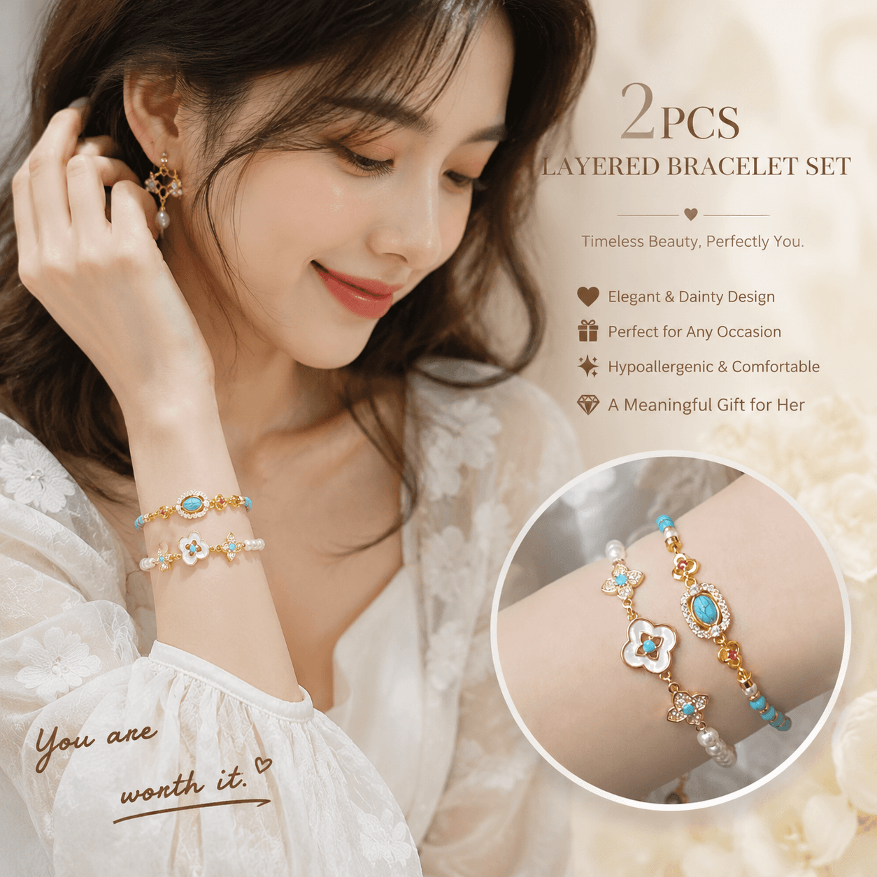 2-Piece Vintage Layered Pearl Bracelet Set - Zircon Flower Charm Gold Plated
