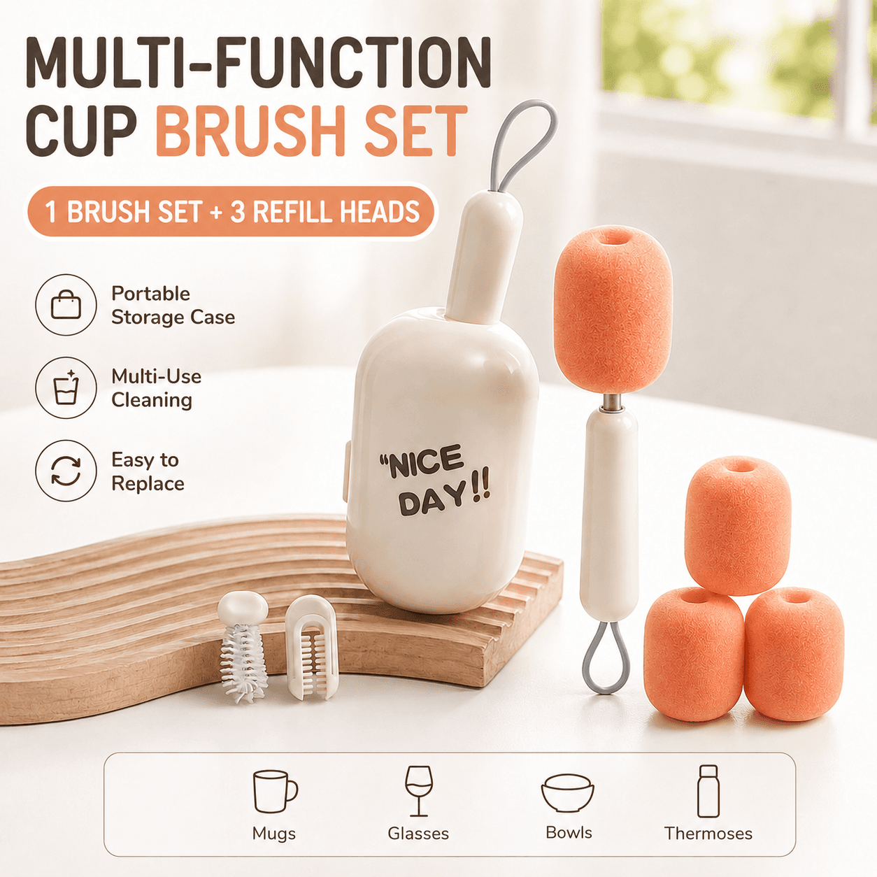 White Portable 3-in-1 Cup Cleaning Brush Set with 3 Replacement Sponge Heads