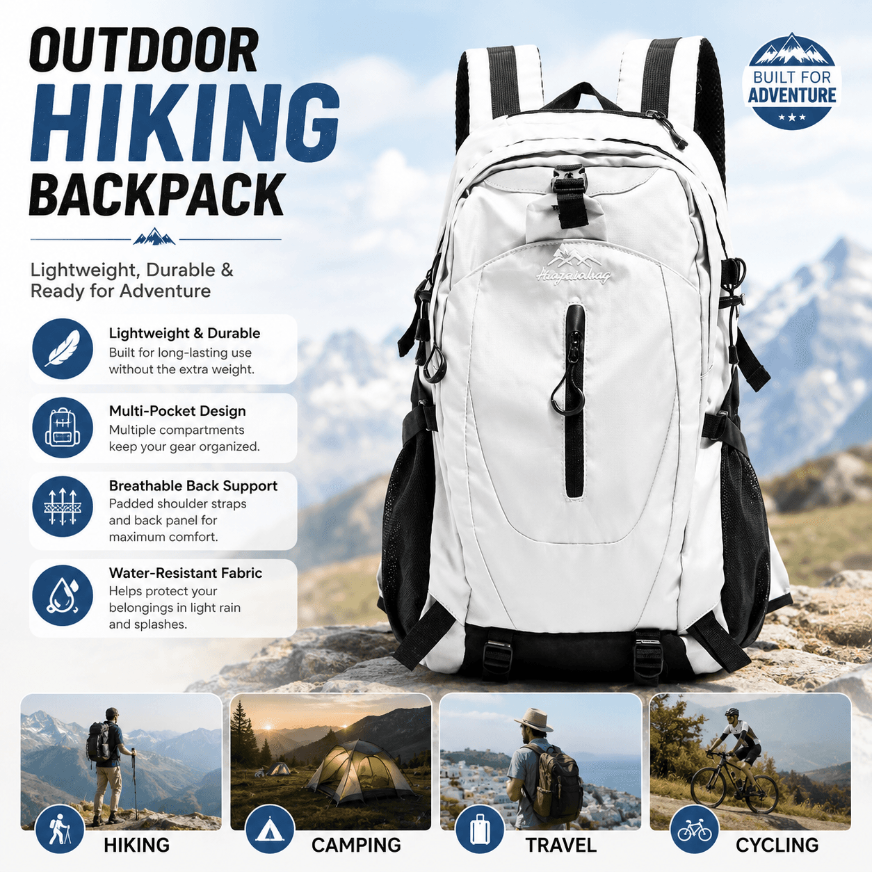 Grey Outdoor Hiking Backpack - Lightweight Nylon Travel Daypack with Multi