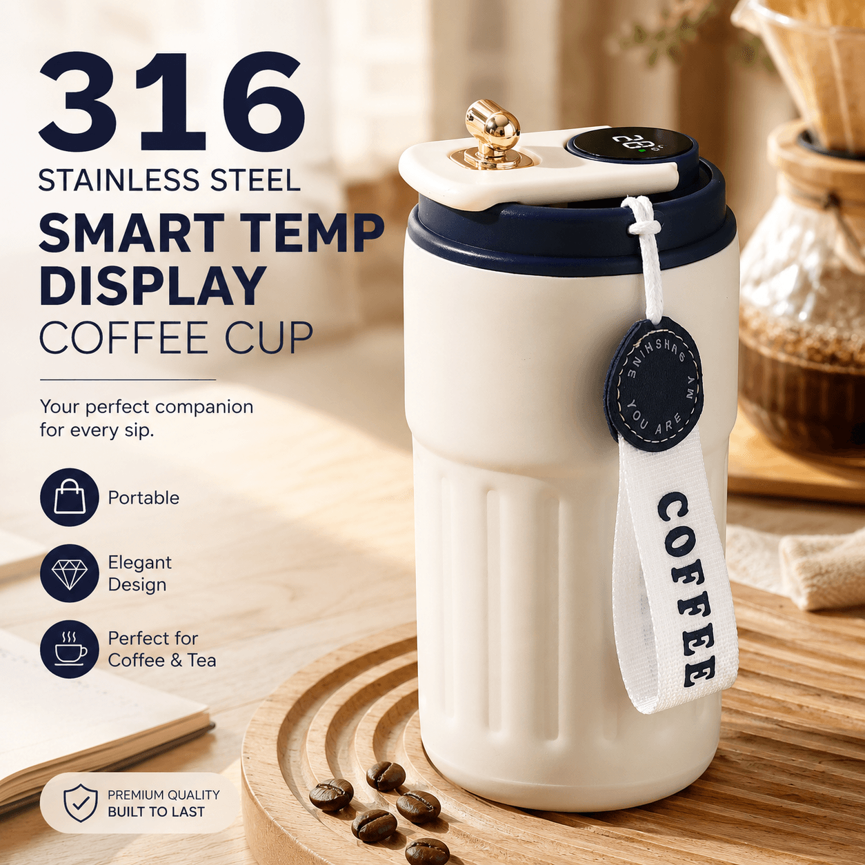 Smart Coffee Tumbler (Blue lid) 450 ml Vacuum Insulated Travel Mugwith