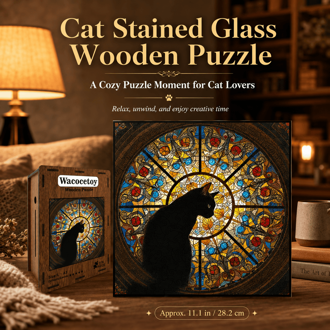 L size Cat Stained Glass Wooden Puzzle Irregular Shaped Jigsaw Puzzle High