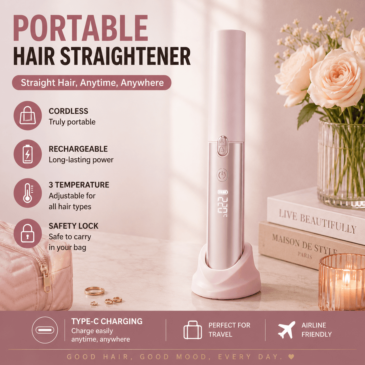 Pink Portable Cordless Hair Straightener Brush Rechargeable Mini Hair