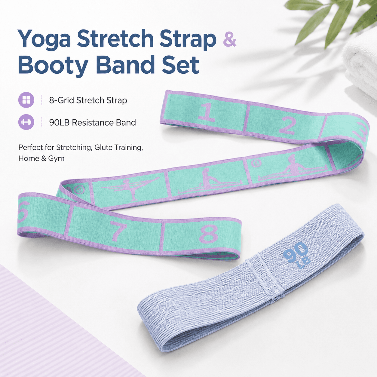Green and purple 8 Grid Yoga Stretching Strap and 90LB Resistance Band Set