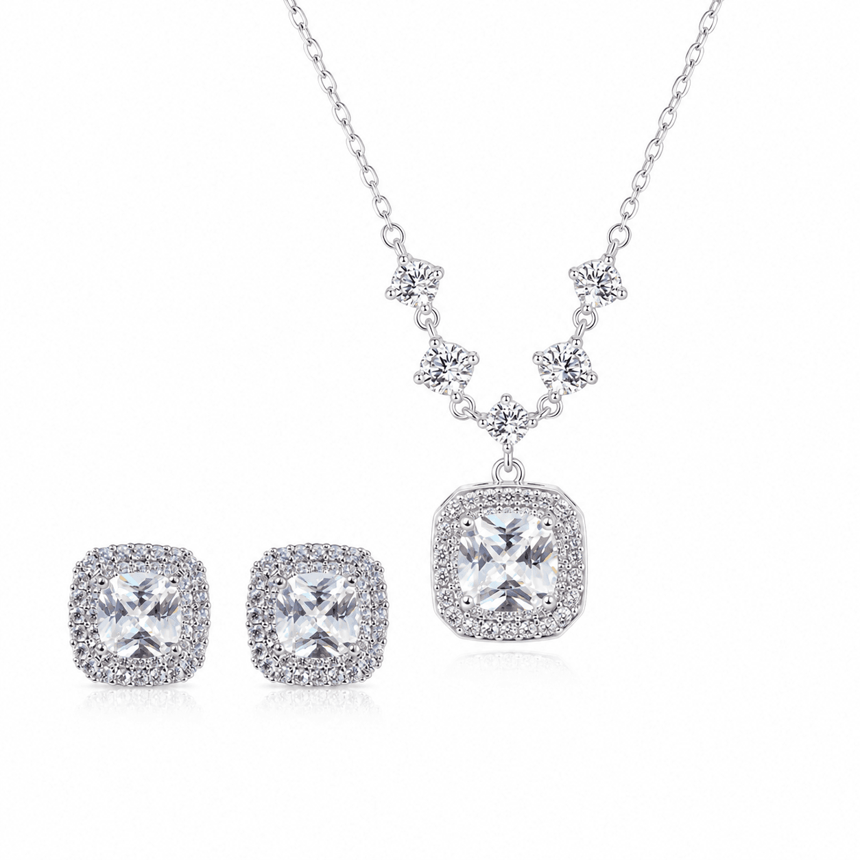 Square Halo Pendant Necklace and Stud Earrings Jewellery Set - 2 Piece