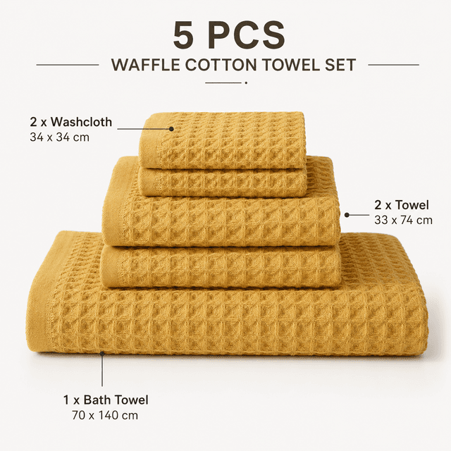 5 Piece Yellow Waffle Weave 100% Cotton Towel Set - Quick Dry Absorbent Bath