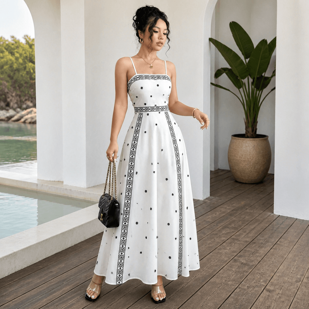 Women's White Boho Print Maxi Dress S Size - Stretch Polyester Fabric