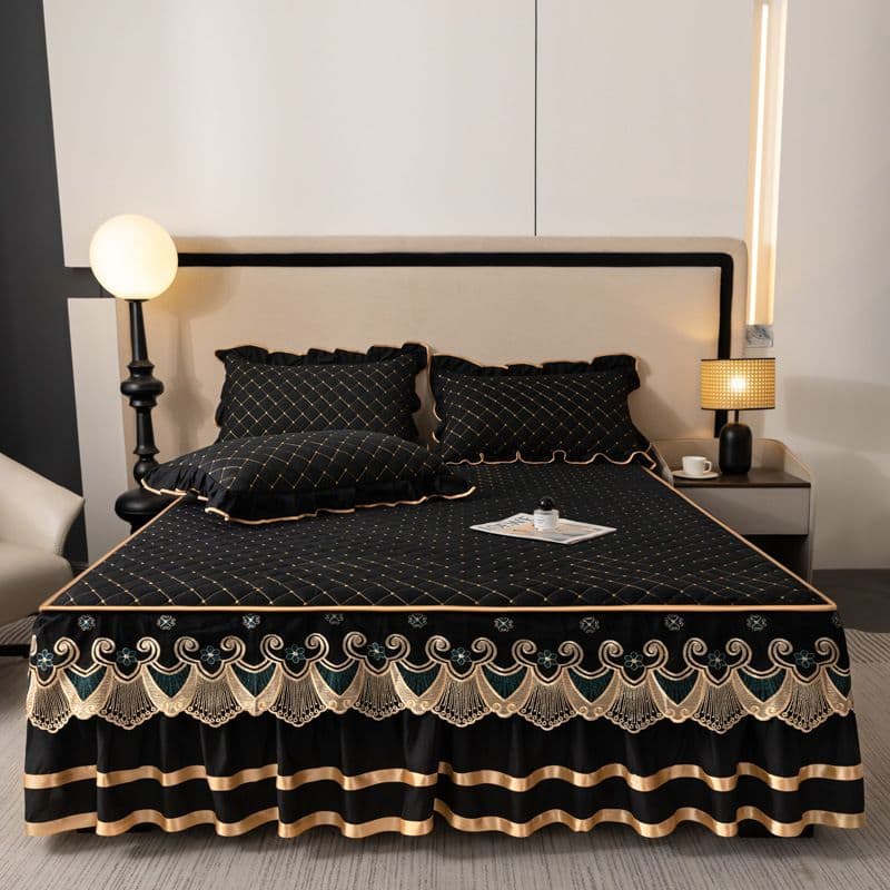 Black and Gold European Soft Brushed Quilted Bed Skirt + 2 Pillowcases Set