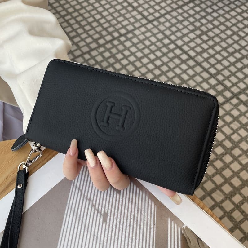 Black Women's Genuine Leather Long Wallet - Zip Closure Clutch Purse